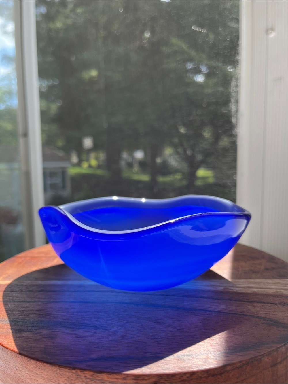 Cobalt Blue Art Glass Pinch Bowl Square Catchall Modern Hand Blown 5" x 5"